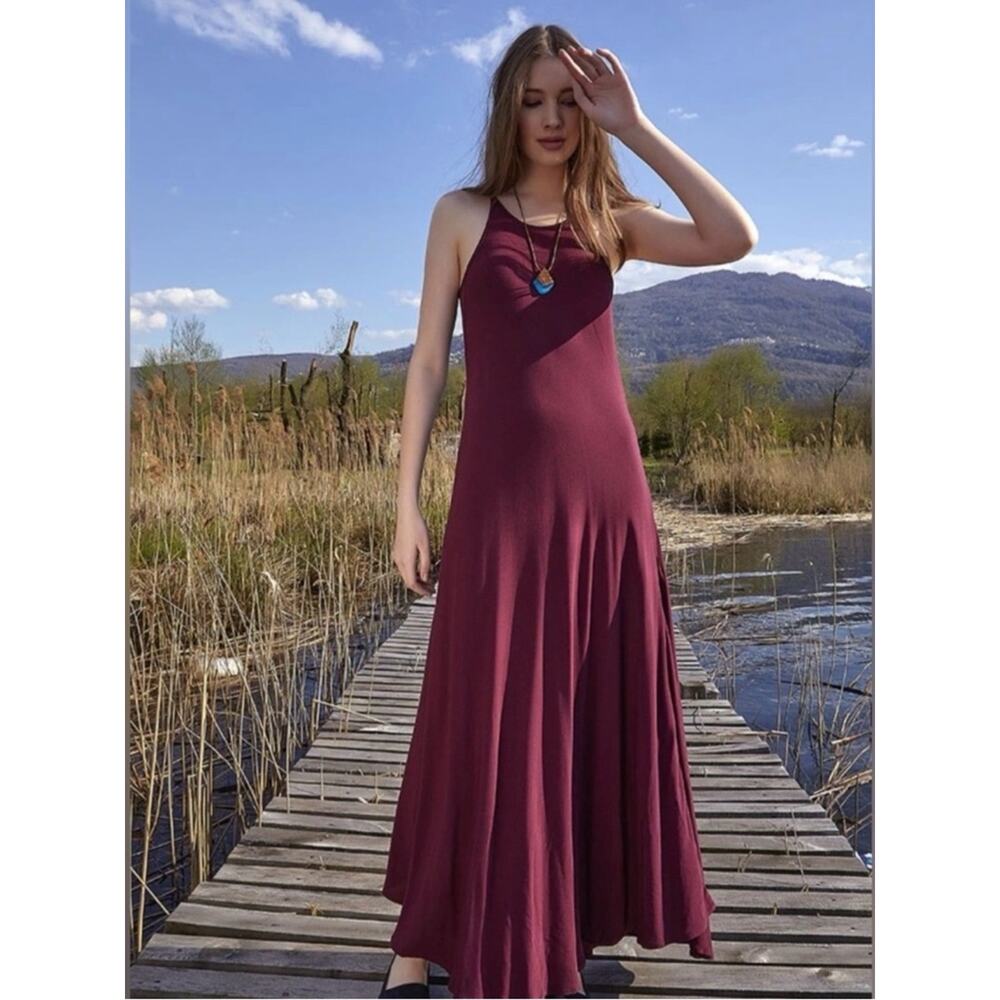 Boho Maxi Dress S/M Organic Viscose Cotton Burgundy Tie Strap Flowy Relaxed Fit - Picture 9 of 9